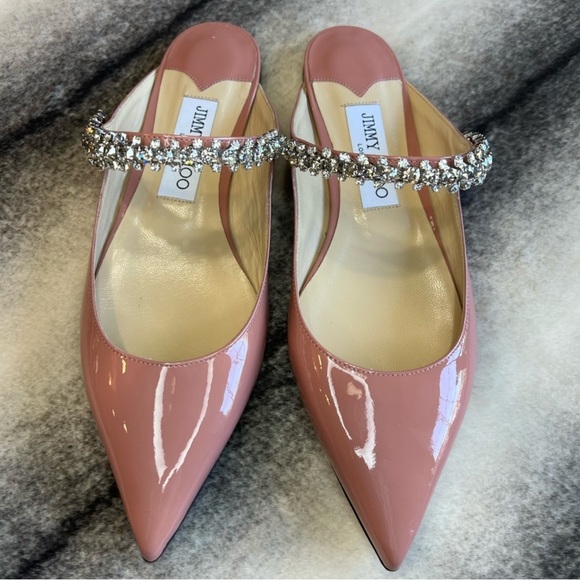Jimmy Choo Shoes - Jimmy Choo Bing Embellished Strap Point Toe Blush Patent Leather Pump Flats